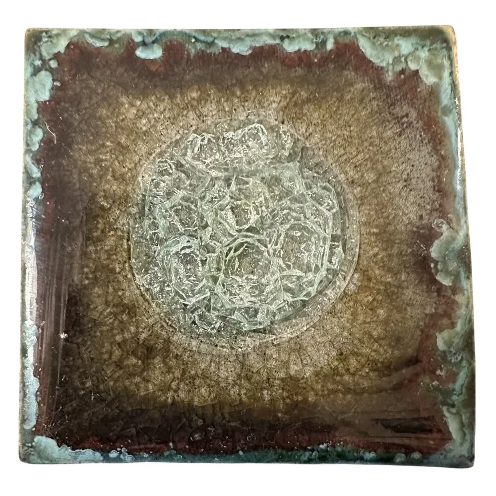 Anthropologie Geode Coaster Blue Crushed Crackle Glass Stoneware Tile 4